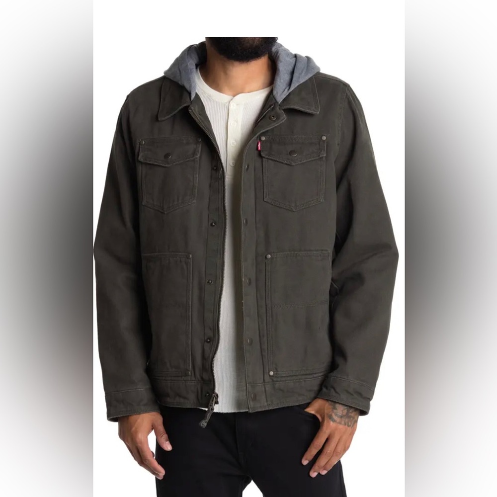 NWT Men’s olive Levi Depot Jacket with jersey hood and Sherpa lining